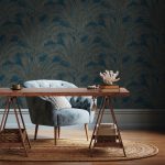 TEXTIL HATÁSÚ LUXUSTAPÉTA HÍMZETT HATÁSÚ LEVÉL MINTÁVAL KÉK SZÍNBEN