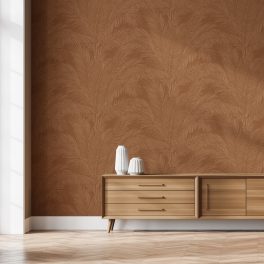   TEXTIL HATÁSÚ LUXUSTAPÉTA HÍMZETT HATÁSÚ LEVÉL MINTÁVAL TERRAKOTTA SZÍNBEN