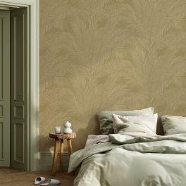   TEXTIL HATÁSÚ LUXUSTAPÉTA HÍMZETT HATÁSÚ LEVÉL MINTÁVAL OLAJZÖLD SZÍNBEN
