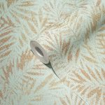 TEXTIL HATÁSÚ, PÁLMAFALEVÉL MINTÁS TAPÉTA, VILÁGOSKÉK ALAPON ARANY MINTA