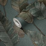 BANÁNFA LEVÉL MINTÁS VINYL TAPÉTA, OLAJKÉK ÉS ZÖLD SZÍNBEN