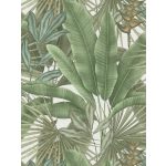 MODERN , TRÓPUSI NÖVÉNYZET MINTÁS TAPÉTA, TEXTIL HATÁSÚ ALAPON ,ZÖLD SZÍNEKBEN