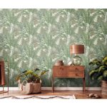MODERN , TRÓPUSI NÖVÉNYZET MINTÁS TAPÉTA, TEXTIL HATÁSÚ ALAPON ,ZÖLD SZÍNEKBEN