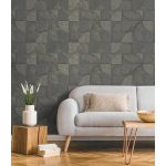 ELEGÁNS, KŐHATÁSÚ GEOMETRIAI MINTÁS TAPÉTA , ANTRACIT SZÜRKE SZÍNBEN , FÉMES RÉSZLETEKKEL