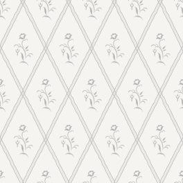   GEOMETRIKUS, RÁCSMINTÁS TAPÉTA APRÓ VIRÁGOKKAL FEHÉR SZÜRKE SZÍNBEN
