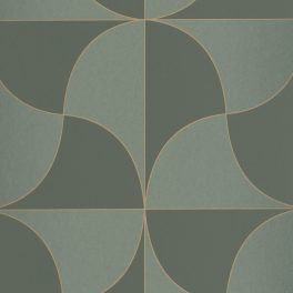   BAUHAUS, GEOMETRIKUS TAPÉTA, ARANY VONALÚ, FÉNYES ZÖLD MINTÁVAL ZÖLD ALAPON