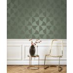 BAUHAUS, GEOMETRIKUS TAPÉTA, ARANY VONALÚ, FÉNYES ZÖLD MINTÁVAL ZÖLD ALAPON