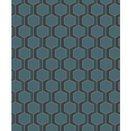   ELEGÁNS , HATSZÖG MINTÁS DESIGN TAPÉTA, FEKETE , OLAJKÉK SZÍNBEN , ARANY RÉSZLETEKKEL