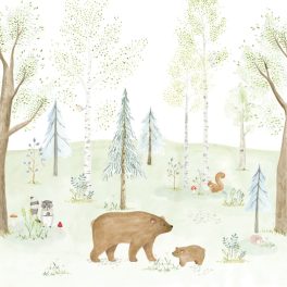   MESÉS ERDEI JELENETET ÁBRÁZOLÓ PANORÁMA TAPÉTA, MÓKUSSAL, MOSÓMEDVÉVEL ÉS MEDVÉVEL , 2 méter széles