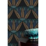 EGYIPTOMI IHLETÉSŰ NÖVÉNYMINTÁS LUXUSTAPÉTA SÖTÉT ALAPON TÜRKIZ BRONZ SZÍNBEN