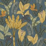 ÓRIÁS LEVÉL ÉS TUKÁN MADÁR MINTÁS GYEREKTAPÉTA , KÉK SZÍNBEN