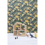 ÓRIÁS LEVÉL ÉS TUKÁN MADÁR MINTÁS GYEREKTAPÉTA , KÉK SZÍNBEN