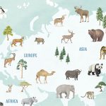 VILÁGTÉRKÉP, TÜRKIZ ALAPON , A KONTINENS ÁLLATAIVAL, GYEREK POSZTER 