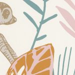 MADAGASZKÁRI HANGULATÚ TAPÉTA MAJMOKKAL, RÓZSASZÍN, NARANCS ÉS TÜRKIZ NÖVÉNYEKKEL KRÉM ALAPON