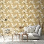 ELEGÁNS, REPÜLŐ DARUMADÁR MINTÁS DESIGN LUXUSTAPÉTA, OKKER SZÍNBEN