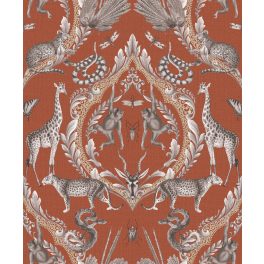   MODERN, VIDÁM SZAFARI ÁLLATOS TAPÉTA, TEXTIL HATÁSÚ TERRAKOTTA ALAPON