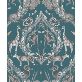   MODERN, VIDÁM SZAFARI ÁLLATOS TAPÉTA, TEXTIL HATÁSÚ TÜRKIZ ALAPON