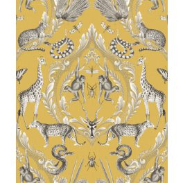   MODERN, VIDÁM SZAFARI ÁLLATOS TAPÉTA, TEXTIL HATÁSÚ SÁRGA ALAPON