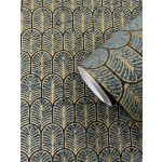 ELEGÁNS, GEOMETRIKUS, FÉMES ART DECO TAPÉTA KÉK ALAPON