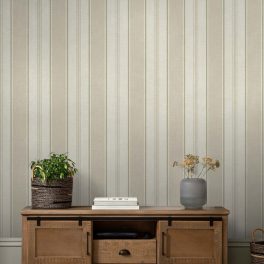  TEXTIL HATÁSÚ, SZÉLES CSÍKOS ANGOL DEKOR TAPÉTA, BÉZS ÉS TAUPE