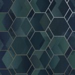 GEOMETRIKUS MINTÁJÚ TAPÉTA, KÉK ÉS ZÖLD SZÍNBEN, FÉMES RÉSZLETEKKEL 