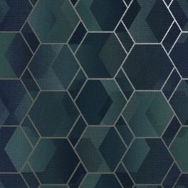 GEOMETRIKUS MINTÁJÚ TAPÉTA, KÉK ÉS ZÖLD SZÍNBEN, FÉMES RÉSZLETEKKEL 