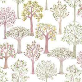   GYEREKTAPÉTA GYÜMÖLCSFA MINTÁVAL, ZÖLD ÉS RÓZSASZÍN SZÍNBEN