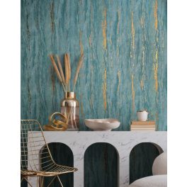   SZABÁLYTALAN FÜGGŐLEGES MINTÁZATÚ TAPÉTA FÉMES RÉSZLETEKKEL TÜRKIZ ARANY SZÍNBEN