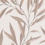 TEXTIL HATÁSÚ VINYL TAPÉTA MÁLYVÁS GYÖNGYHÁZFÉNYŰ LEVELEKKEL BÉZS ALAPON