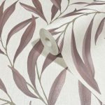 TEXTIL HATÁSÚ VINYL TAPÉTA MÁLYVÁS GYÖNGYHÁZFÉNYŰ LEVELEKKEL BÉZS ALAPON