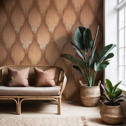 KÜLÖNLEGES , GEOMETRIAI MINTÁS LUXUSTAPÉTA, FÉMES RÉSZLETEKKEL, TERRAKOTTA BARNA SZÍNBEN