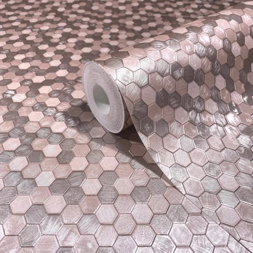 FÉMES FELÜLETŰ HEXAGON MINTÁS VINYL TAPÉTA , ROSÉ GOLD SZÍNBEN