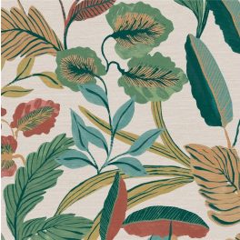   BOHÉM STÍLUSÚ STILIZÁLT NÖVÉNYMINTÁS DESIGN TAPÉTA, BÉZS TEXTIL HATÁSÚ ALAPON ZÖLD 