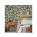 BOHÉM STÍLUSÚ STILIZÁLT NÖVÉNYMINTÁS DESIGN TAPÉTA, BÉZS TEXTIL HATÁSÚ ALAPON ZÖLD 