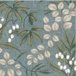   STILIZÁLT BOTANIKAI MINTÁS TAPÉTA, TEXTIL HATÁSÚ ALAPON, VILÁGOSKÉK SZÍNBEN