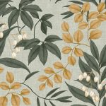 STILIZÁLT BOTANIKAI MINTÁS TAPÉTA, ZÖLD TEXTIL HATÁSÚ ALAPON, ZÖLD ÉS OKKER SZÍNBEN
