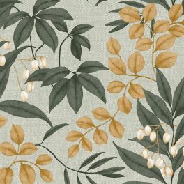   STILIZÁLT BOTANIKAI MINTÁS TAPÉTA, ZÖLD TEXTIL HATÁSÚ ALAPON, ZÖLD ÉS OKKER SZÍNBEN