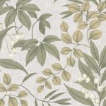 STILIZÁLT BOTANIKAI MINTÁS TAPÉTA, BÉZS TEXTIL HATÁSÚ ALAPON, HALVÁNYZÖLD SZÍNBEN